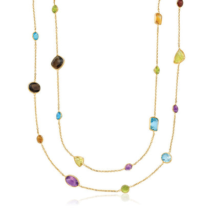 14k Yellow Gold Double Layer Multi Gem Necklace-Teresa&#39;s Fashionista LLC