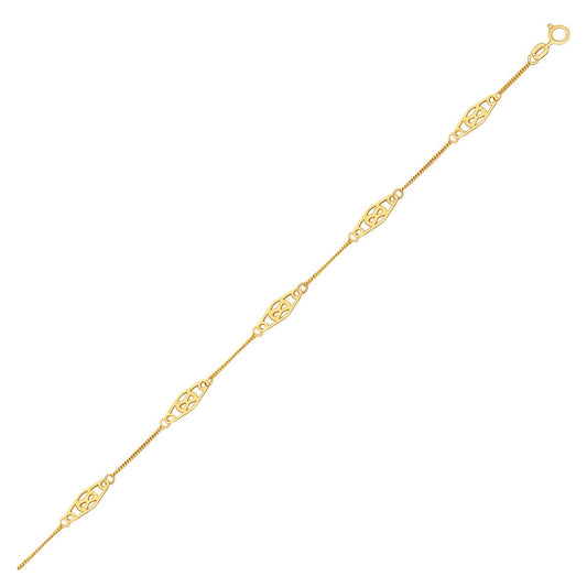 14k Yellow Gold Anklet with Fancy Diamond Shape Filigree Stations-Teresa&#39;s Fashionista LLC