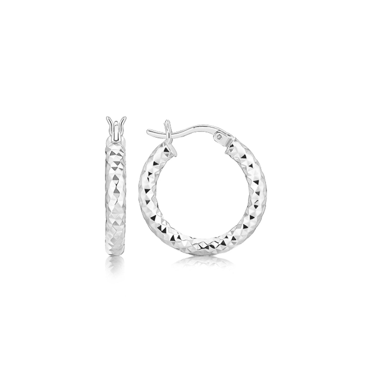 Sterling Silver Polished Rhodium Plated Faceted Hoop Style Earrings-Teresa&#39;s Fashionista LLC