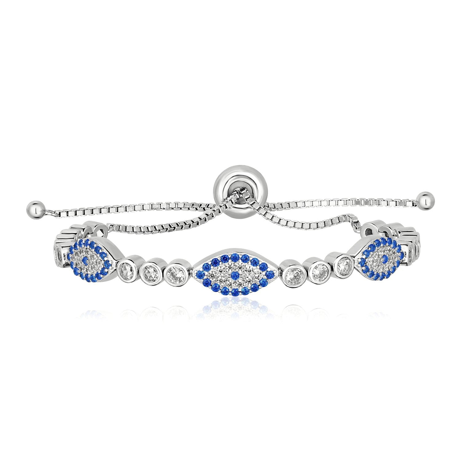 Sterling Silver Adjustable Enameled Evil Eye Bracelet with Cubic Zirconias-Teresa&#39;s Fashionista LLC