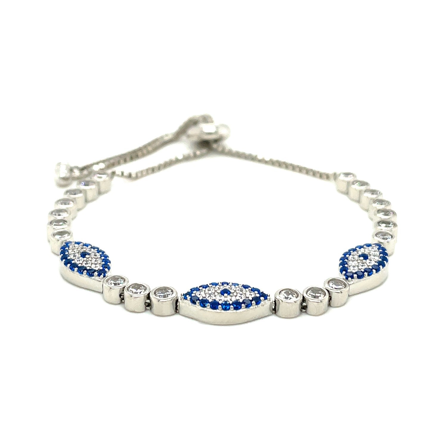 Sterling Silver Adjustable Enameled Evil Eye Bracelet with Cubic Zirconias-Teresa&#39;s Fashionista LLC