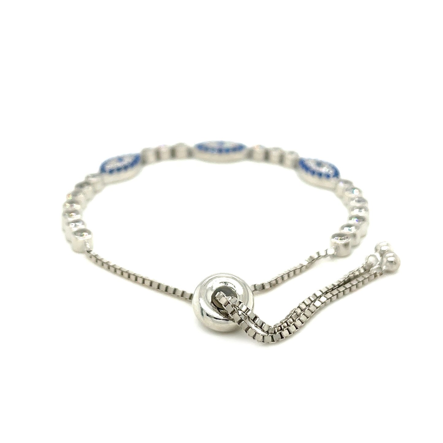 Sterling Silver Adjustable Enameled Evil Eye Bracelet with Cubic Zirconias-Teresa&#39;s Fashionista LLC