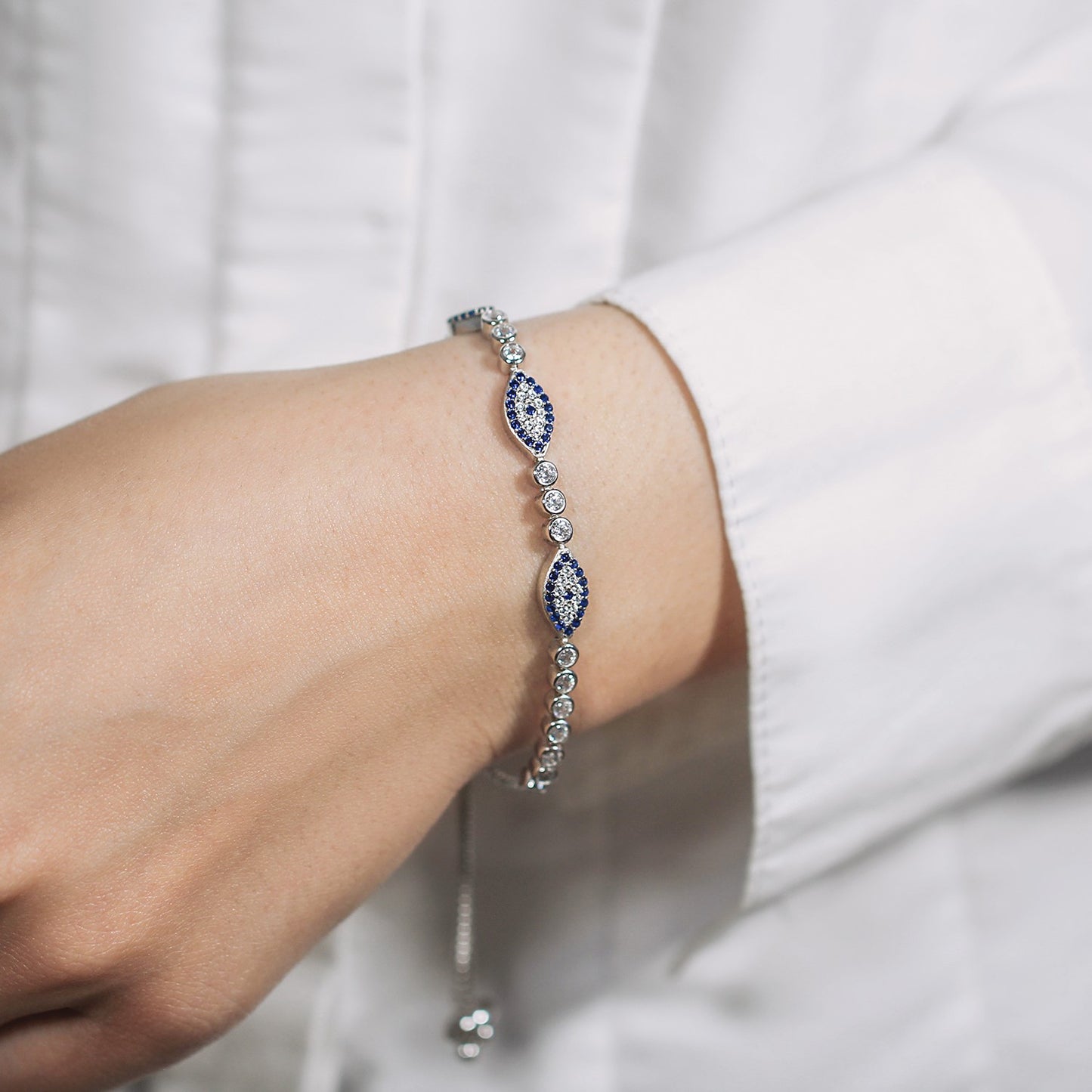 Sterling Silver Adjustable Enameled Evil Eye Bracelet with Cubic Zirconias-Teresa&#39;s Fashionista LLC