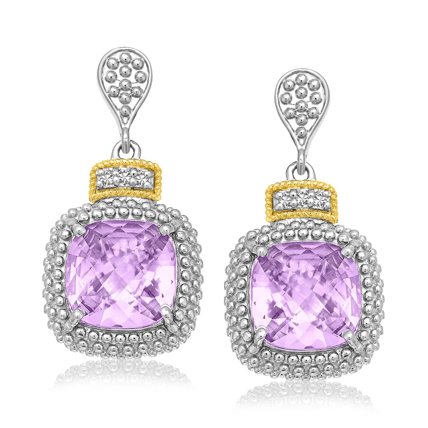 18k Yellow Gold & Sterling Silver Cushion Amethyst & Diamond Earrings (.05cttw)-Teresa&#39;s Fashionista LLC