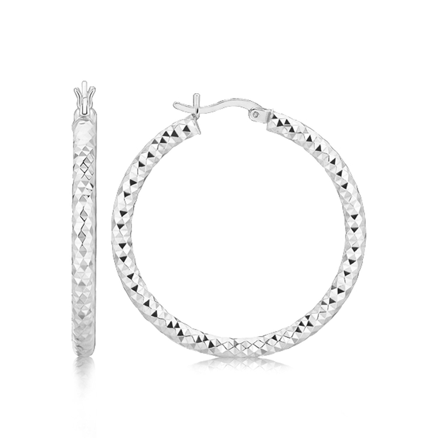 Sterling Silver Faceted Motif Large Hoop Earrings with Rhodium Plating-Teresa&#39;s Fashionista LLC