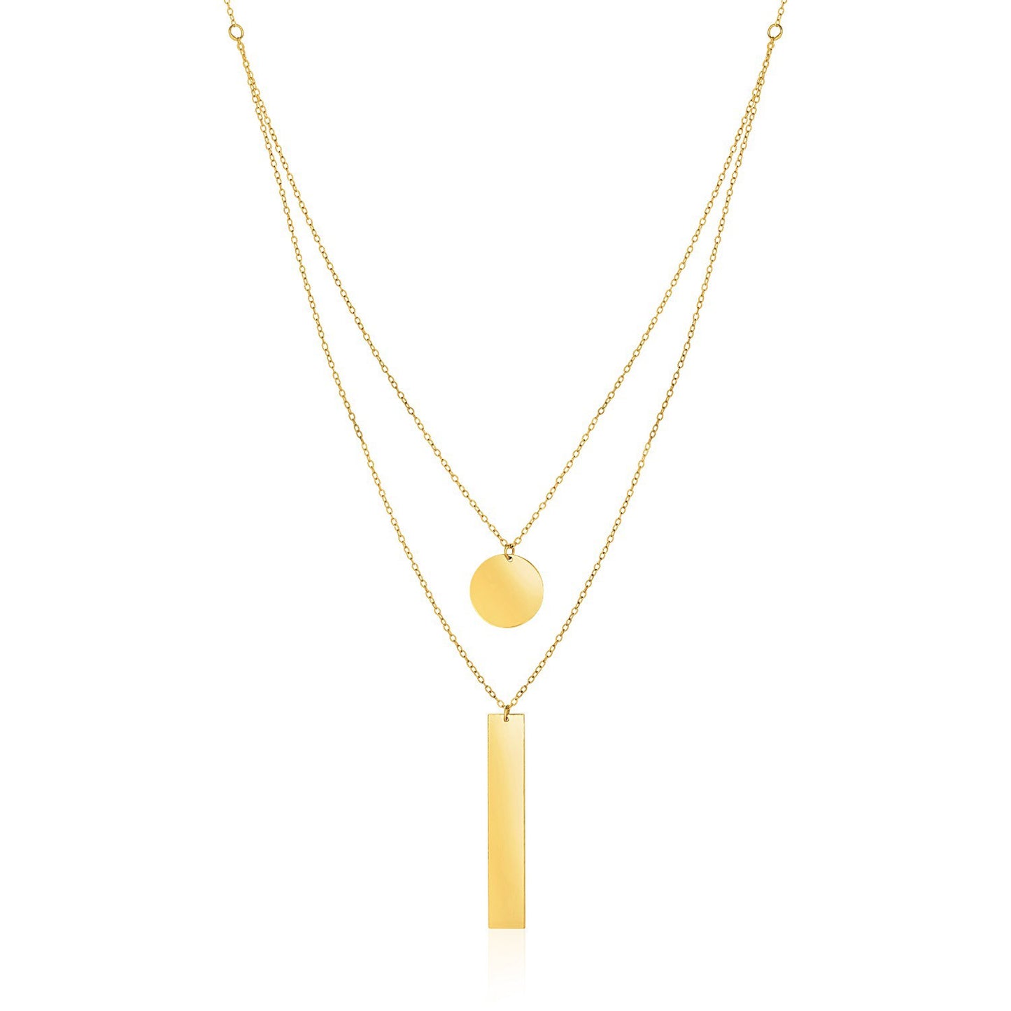 14k Yellow Gold 18 inch Two Strand Necklace with Circle and Bar Pendants-Teresa&#39;s Fashionista LLC