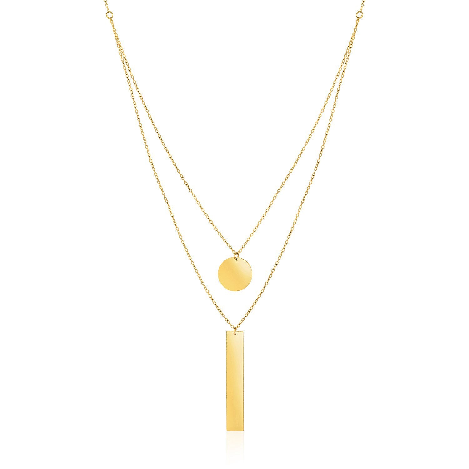 14k Yellow Gold 18 inch Two Strand Necklace with Circle and Bar Pendants-Teresa&#39;s Fashionista LLC