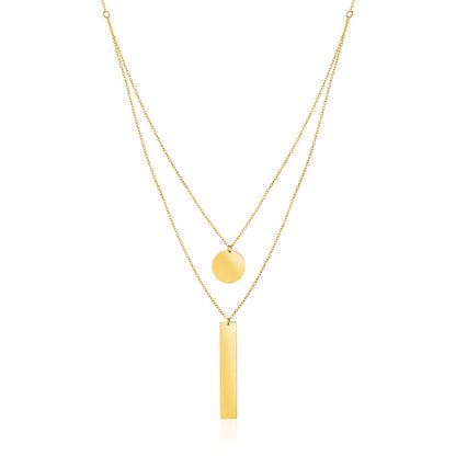 14k Yellow Gold 18 inch Two Strand Necklace with Circle and Bar Pendants-Teresa&#39;s Fashionista LLC