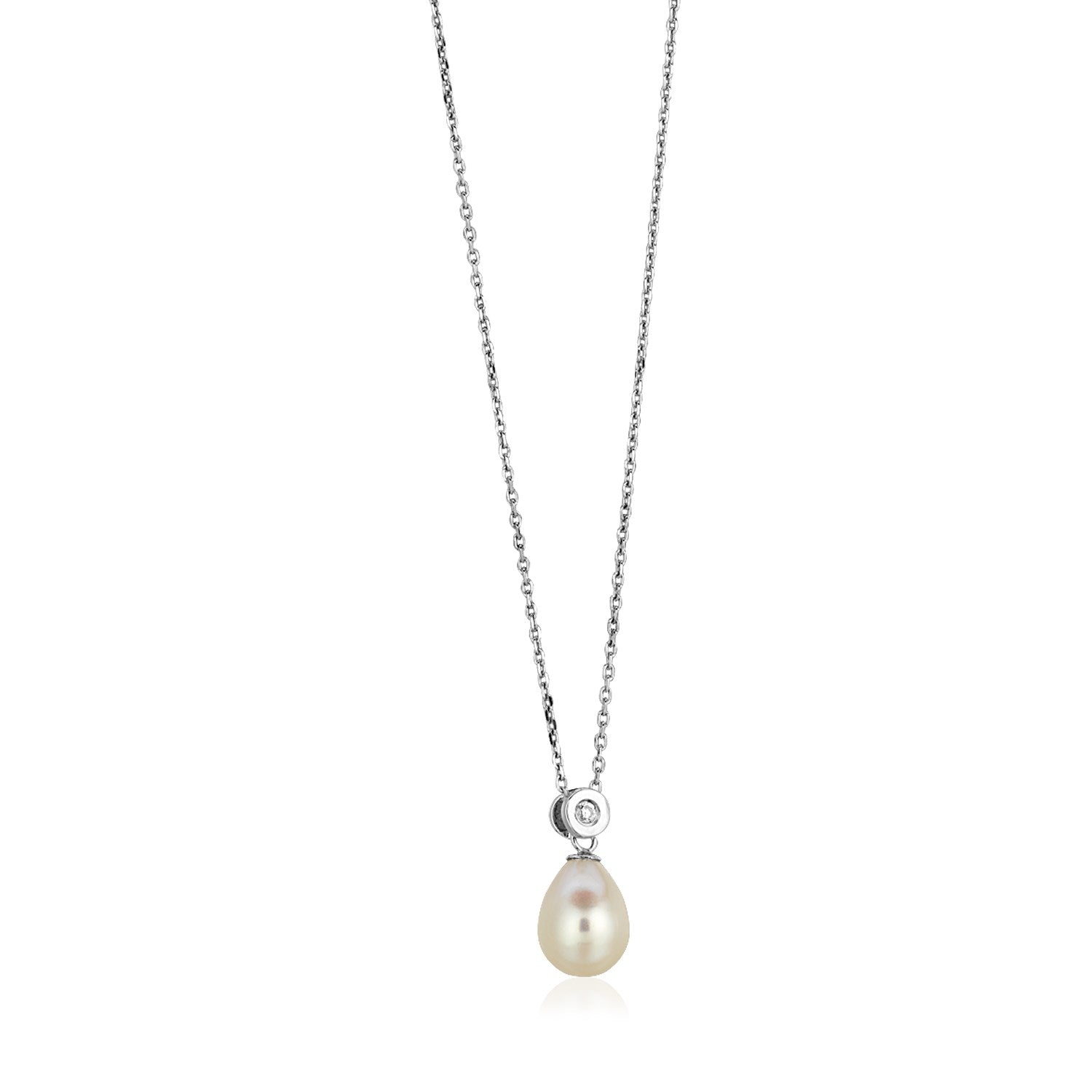 Sterling Silver Necklace with Pear Shaped Pearl and Cubic Zirconias-Teresa&#39;s Fashionista LLC