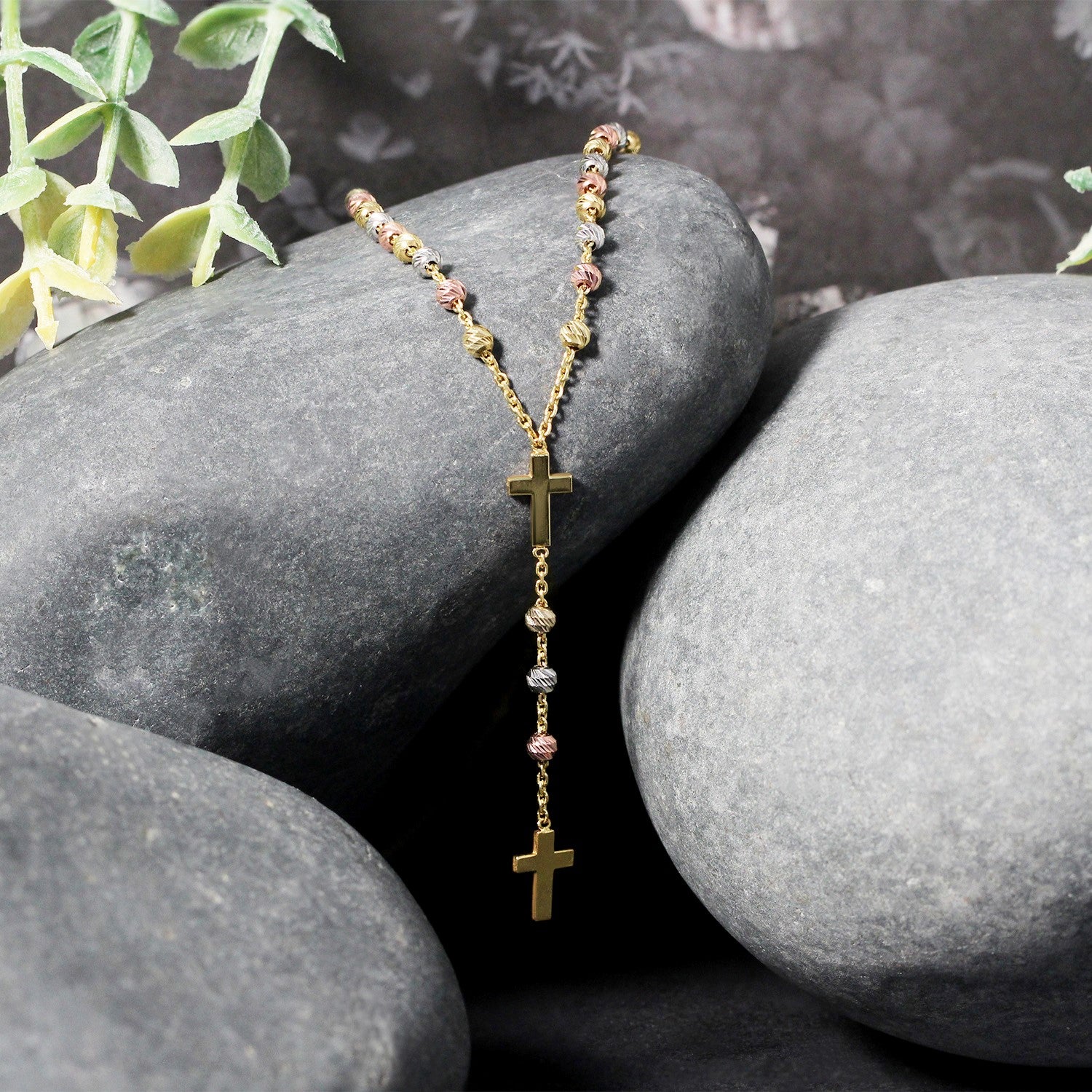 14k Tri-Color Gold Rosary Chain Necklace-Teresa&#39;s Fashionista LLC