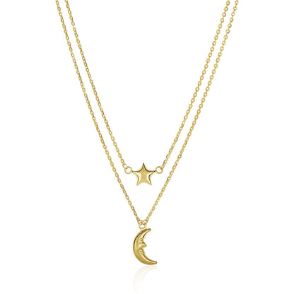 14k Yellow Gold Double-Strand Chain Necklace with Puff Moon and Star-Teresa&#39;s Fashionista LLC