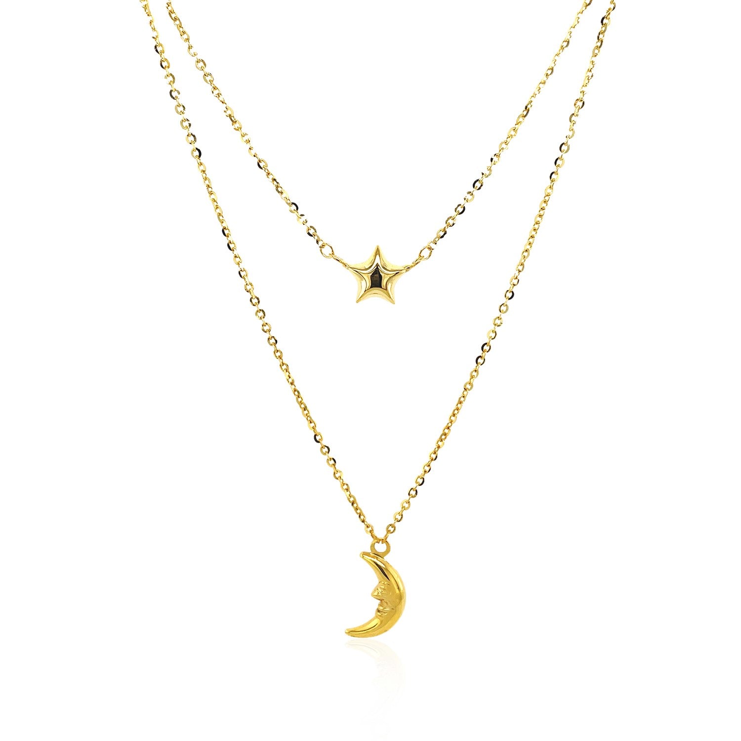 14k Yellow Gold Double-Strand Chain Necklace with Puff Moon and Star-Teresa&#39;s Fashionista LLC