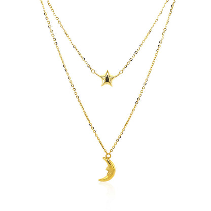 14k Yellow Gold Double-Strand Chain Necklace with Puff Moon and Star-Teresa&#39;s Fashionista LLC