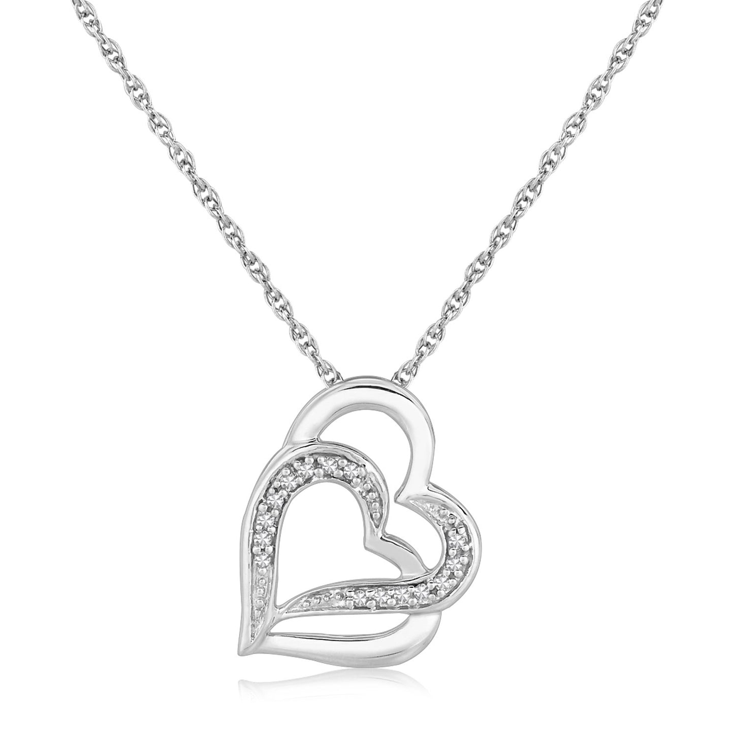 Sterling Silver Dual Heart Motif Pendant with Diamonds (.06 cttw)-Teresa&#39;s Fashionista LLC