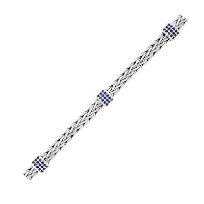 Sterling Silver Woven Bracelet with Blue Sapphire Stations-Teresa&#39;s Fashionista LLC