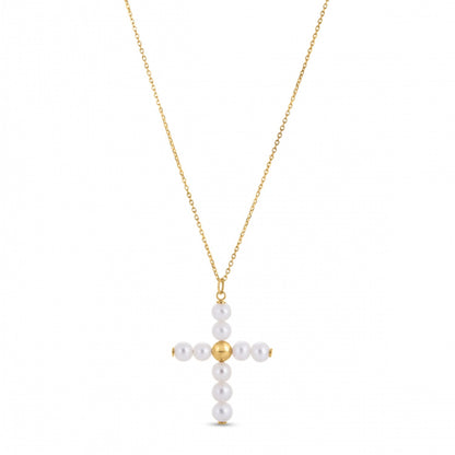 14k Yellow Gold Pearl Cross Pendant-Teresa&#39;s Fashionista LLC