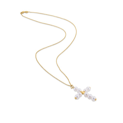 14k Yellow Gold Pearl Cross Pendant-Teresa&#39;s Fashionista LLC