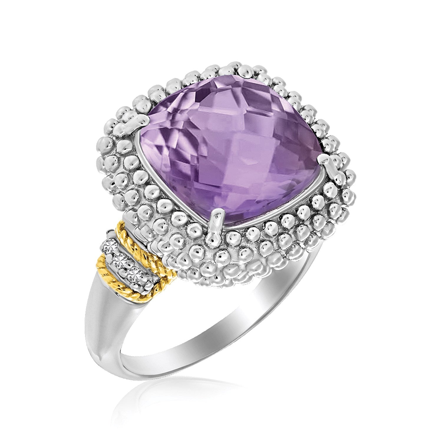 18k Yellow Gold & Sterling Silver Popcorn Ring with Amethyst and Diamond Accents-Teresa&#39;s Fashionista LLC