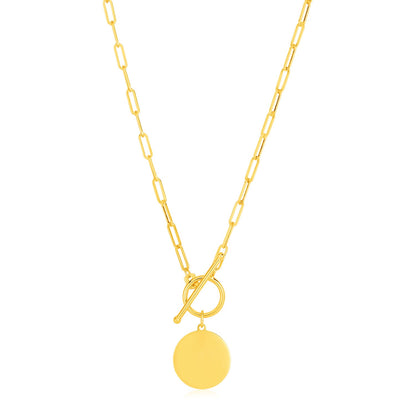 14k Yellow Gold Paperclip Chain Necklace with Circle Pendant-Teresa&#39;s Fashionista LLC