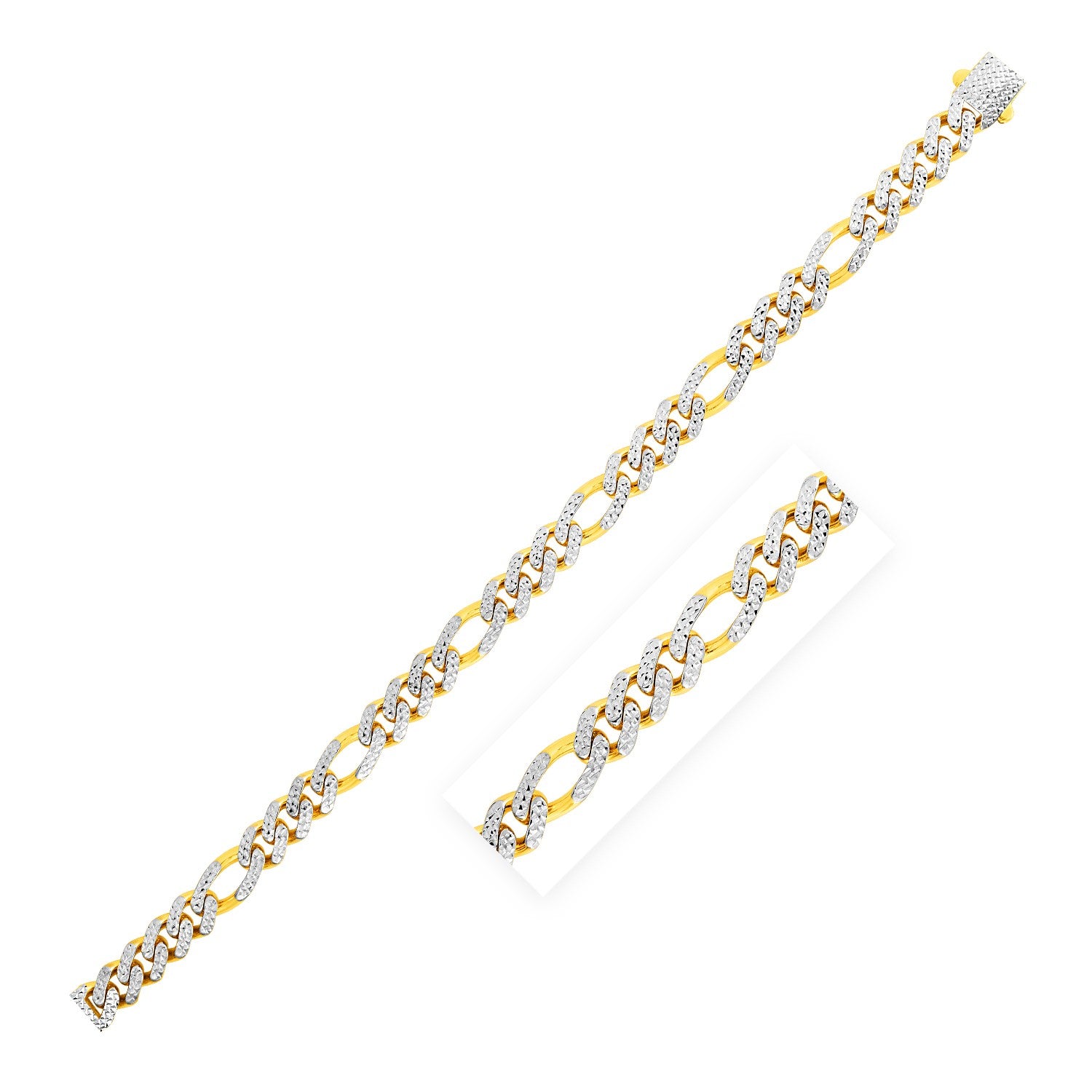 14k Yellow Gold White Pave High Polish Modern Lite Figaro Chain (8.0mm)-Teresa&#39;s Fashionista LLC