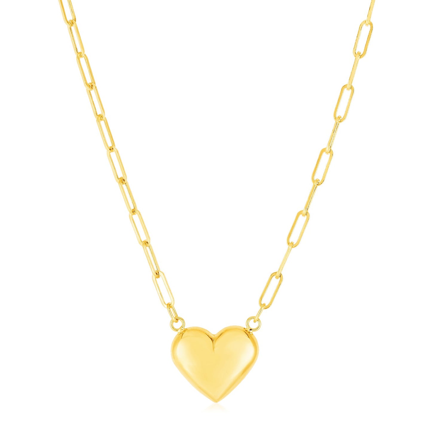 14k Yellow Gold Paperclip Chain Necklace with Puffed Heart-Teresa&#39;s Fashionista LLC