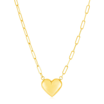 14k Yellow Gold Paperclip Chain Necklace with Puffed Heart-Teresa&#39;s Fashionista LLC