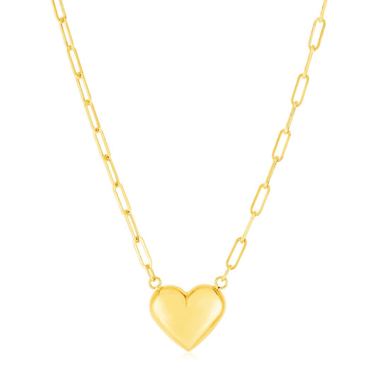 14k Yellow Gold Paperclip Chain Necklace with Puffed Heart-Teresa&#39;s Fashionista LLC