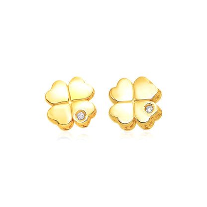 14k Yellow Gold Polished Four Leaf Clover Earrings with Diamonds-Teresa&#39;s Fashionista LLC