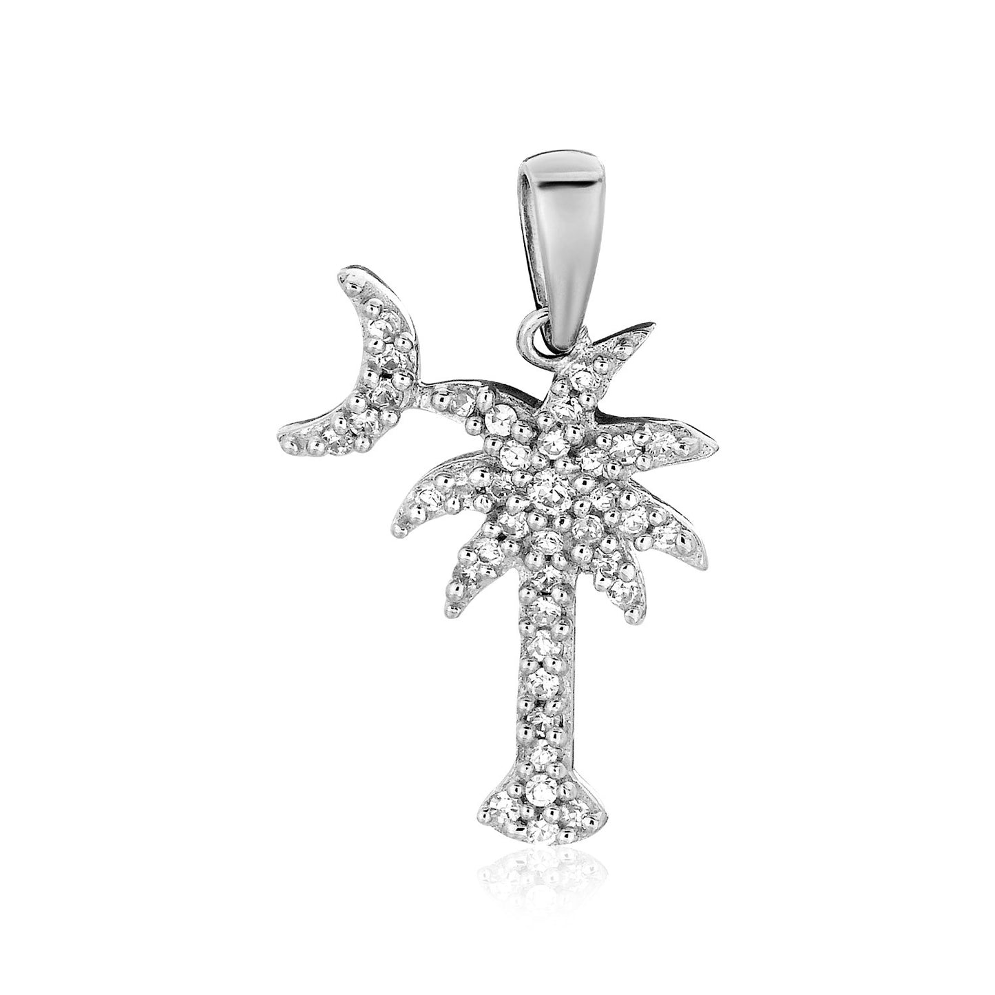 Sterling Silver Palm Tree and Crescent Moon Pendant with Cubic Zirconias-Teresa&#39;s Fashionista LLC