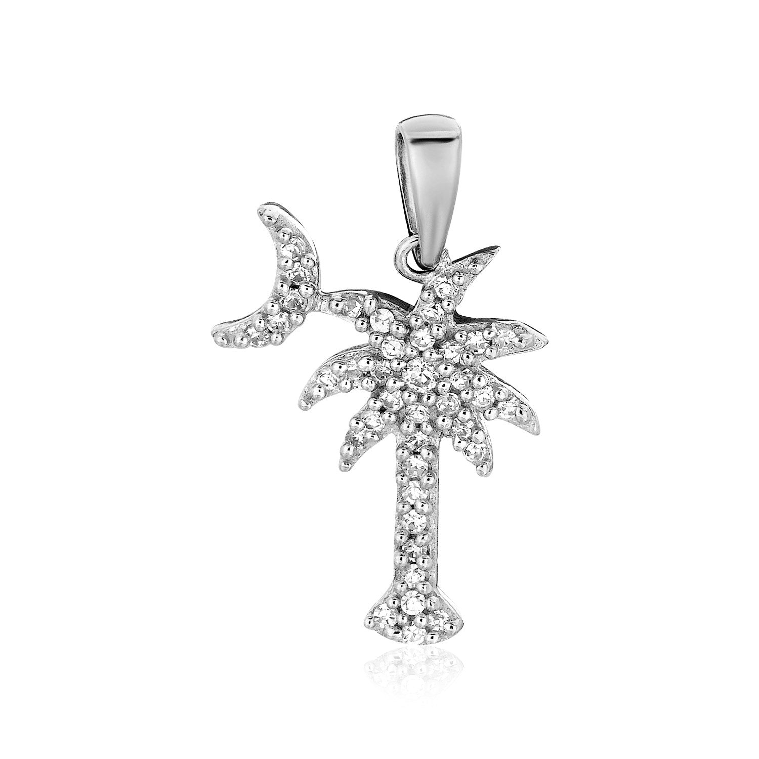 Sterling Silver Palm Tree and Crescent Moon Pendant with Cubic Zirconias-Teresa&#39;s Fashionista LLC