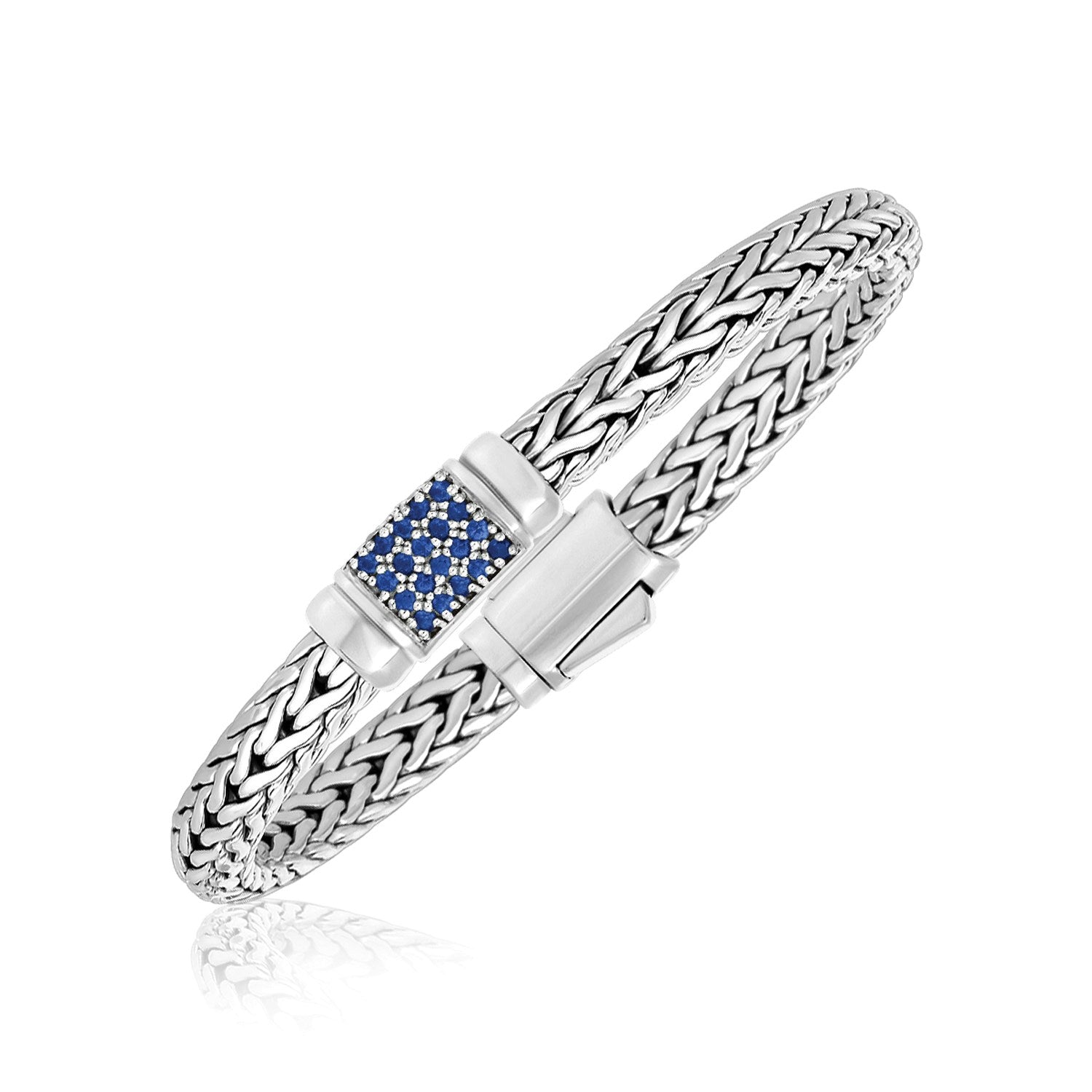 Sterling Silver Weave Motif Bracelet with Blue Sapphire Embellishments-Teresa&#39;s Fashionista LLC