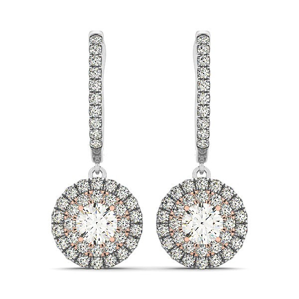 14k White And Rose Gold Drop Diamond Earrings with a Halo Design (3/4 cttw)-Teresa&#39;s Fashionista LLC