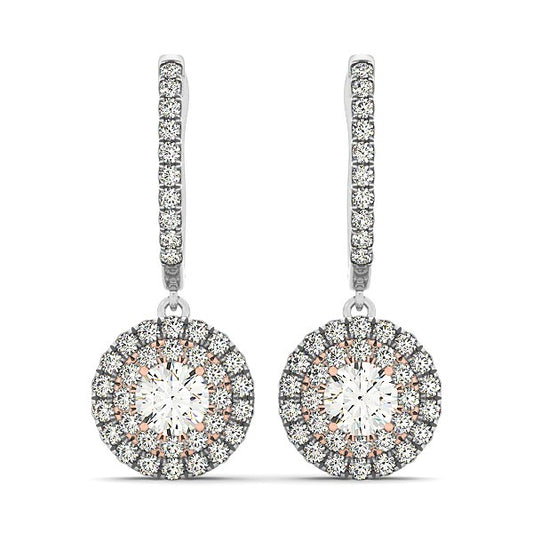 14k White And Rose Gold Drop Diamond Earrings with a Halo Design (3/4 cttw)-Teresa&#39;s Fashionista LLC