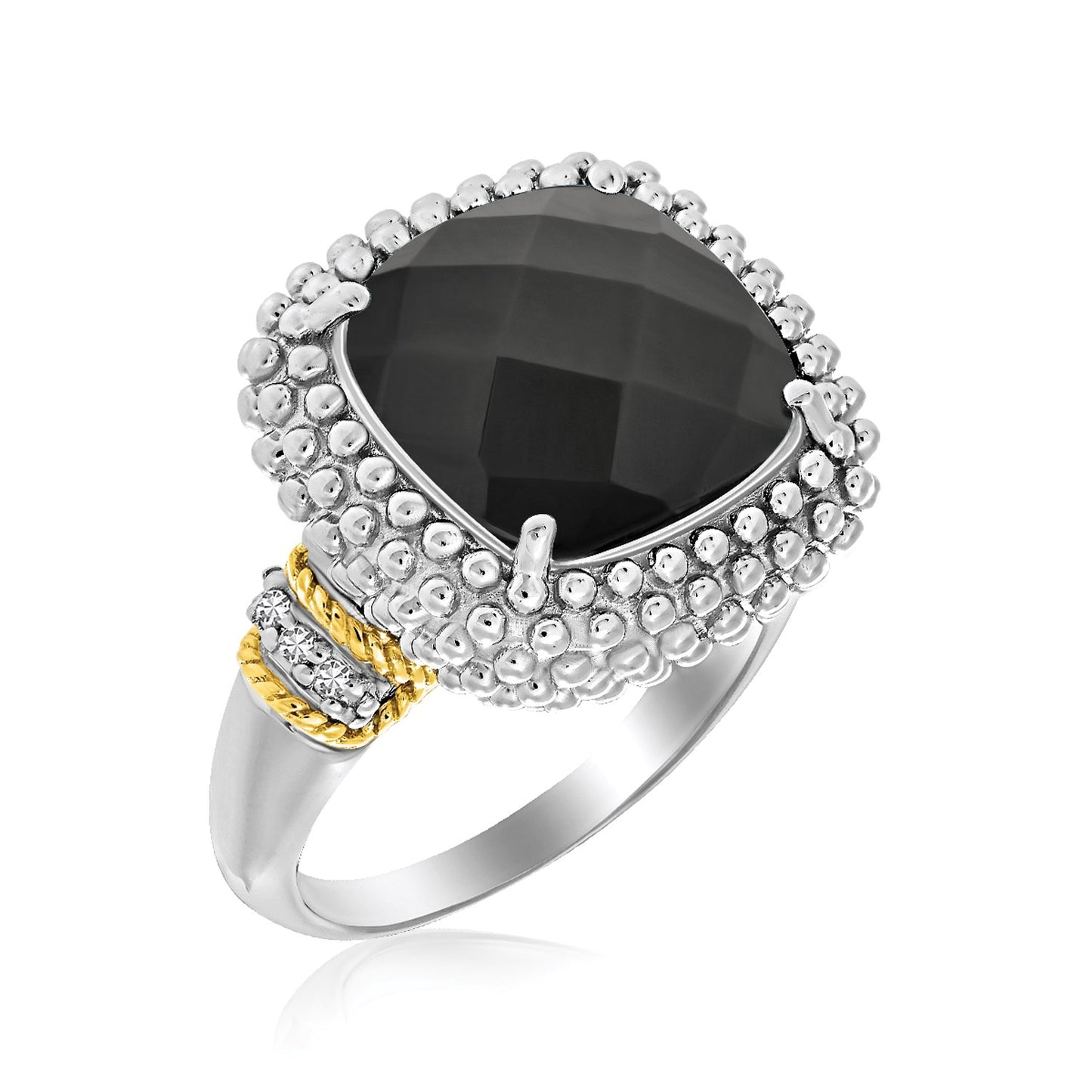 18k Yellow Gold & Sterling Silver Black Onyx and Diamond Popcorn Cushion Ring-Teresa&#39;s Fashionista LLC