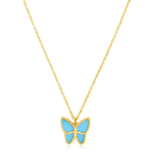 14k Yellow Gold High Polish Butterfly Turquoise Paste Necklace-Teresa&#39;s Fashionista LLC