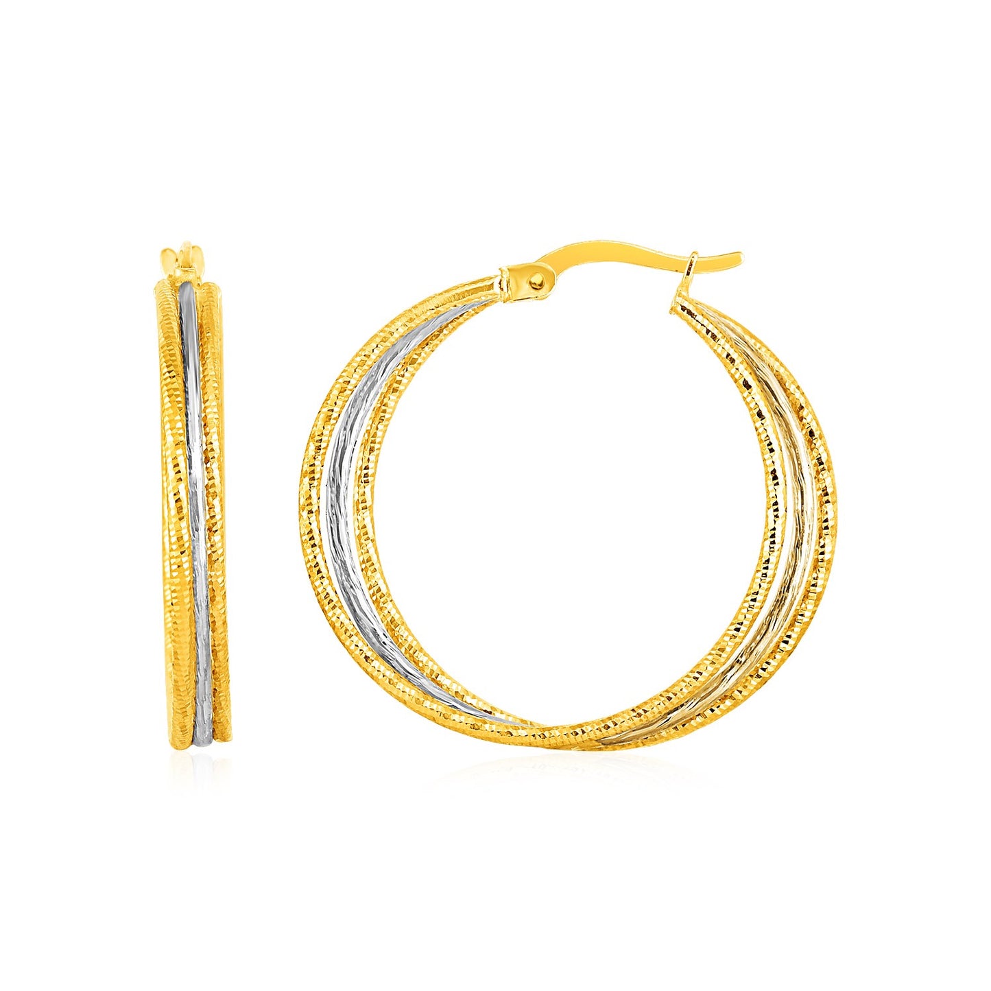 Three Part Textured Hoop Earrings in 14k Yellow and White Gold-Teresa&#39;s Fashionista LLC