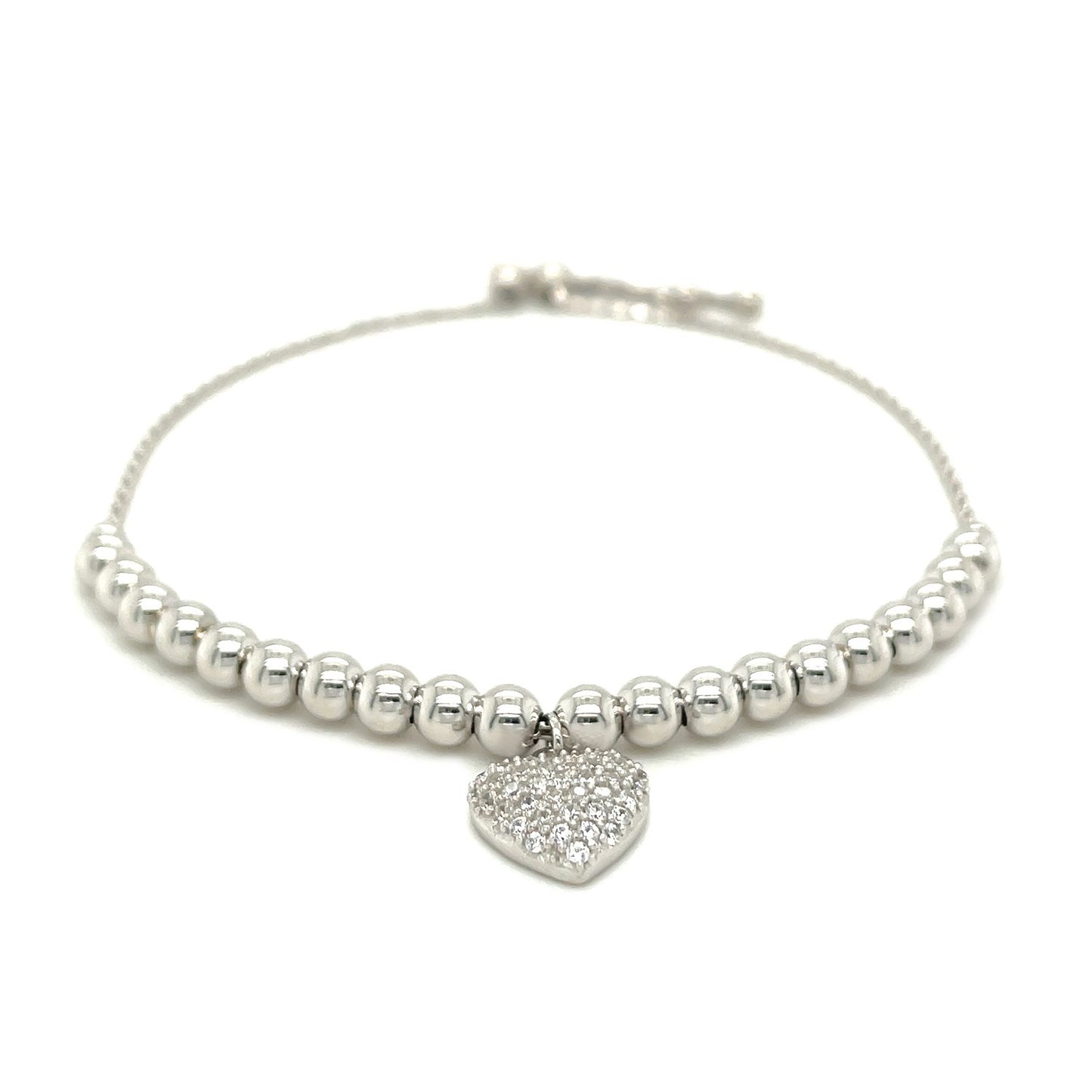 Adjustable Bead Bracelet with Round Charm and Cubic Zirconias in Sterling Silver-Teresa&#39;s Fashionista LLC