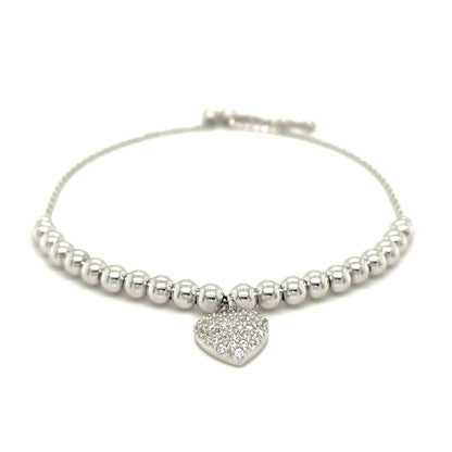 Adjustable Bead Bracelet with Round Charm and Cubic Zirconias in Sterling Silver-Teresa&#39;s Fashionista LLC