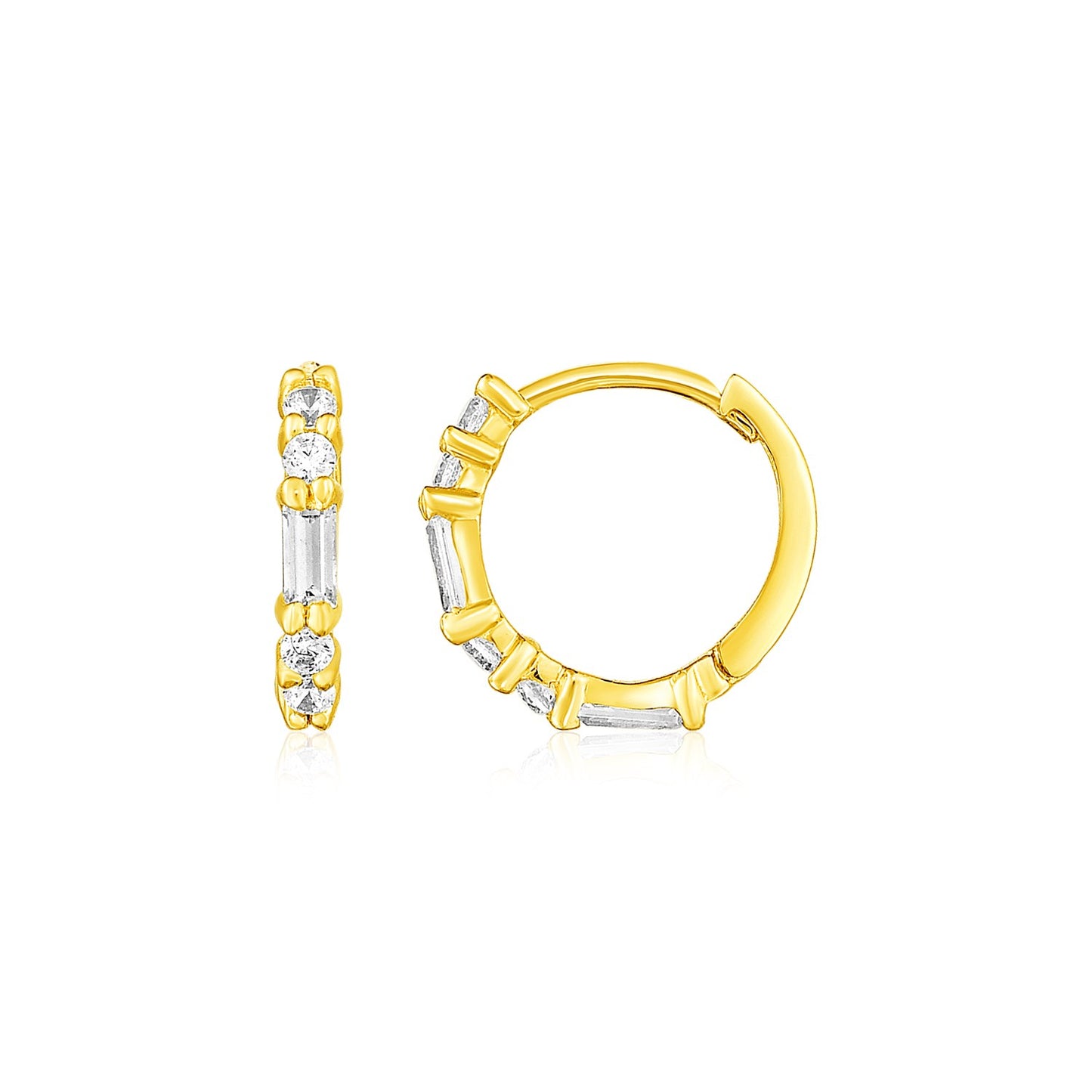 14k Yellow Gold Petite Hoop Earrings with Baguette Cubic Zirconias-Teresa&#39;s Fashionista LLC