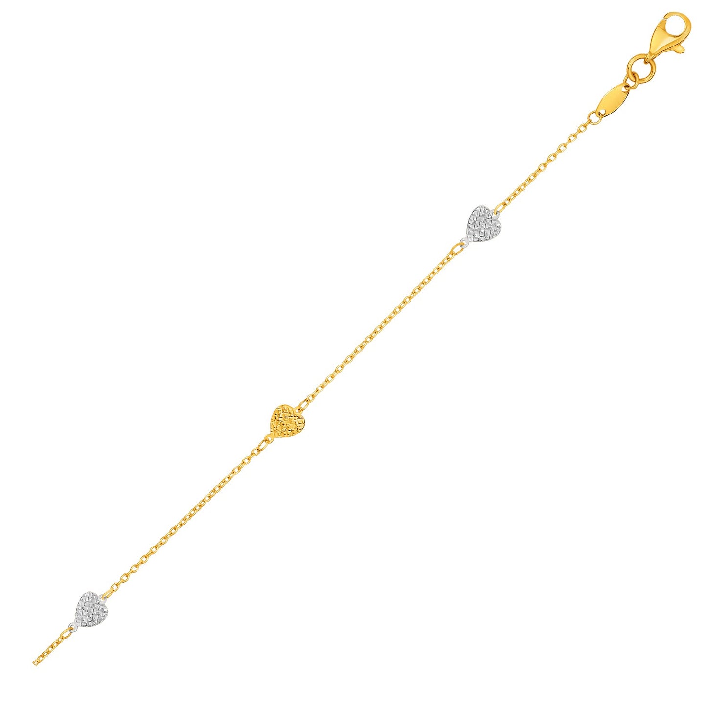 14k Two-Toned Yellow and White Gold Anklet with Textured Hearts-Teresa&#39;s Fashionista LLC