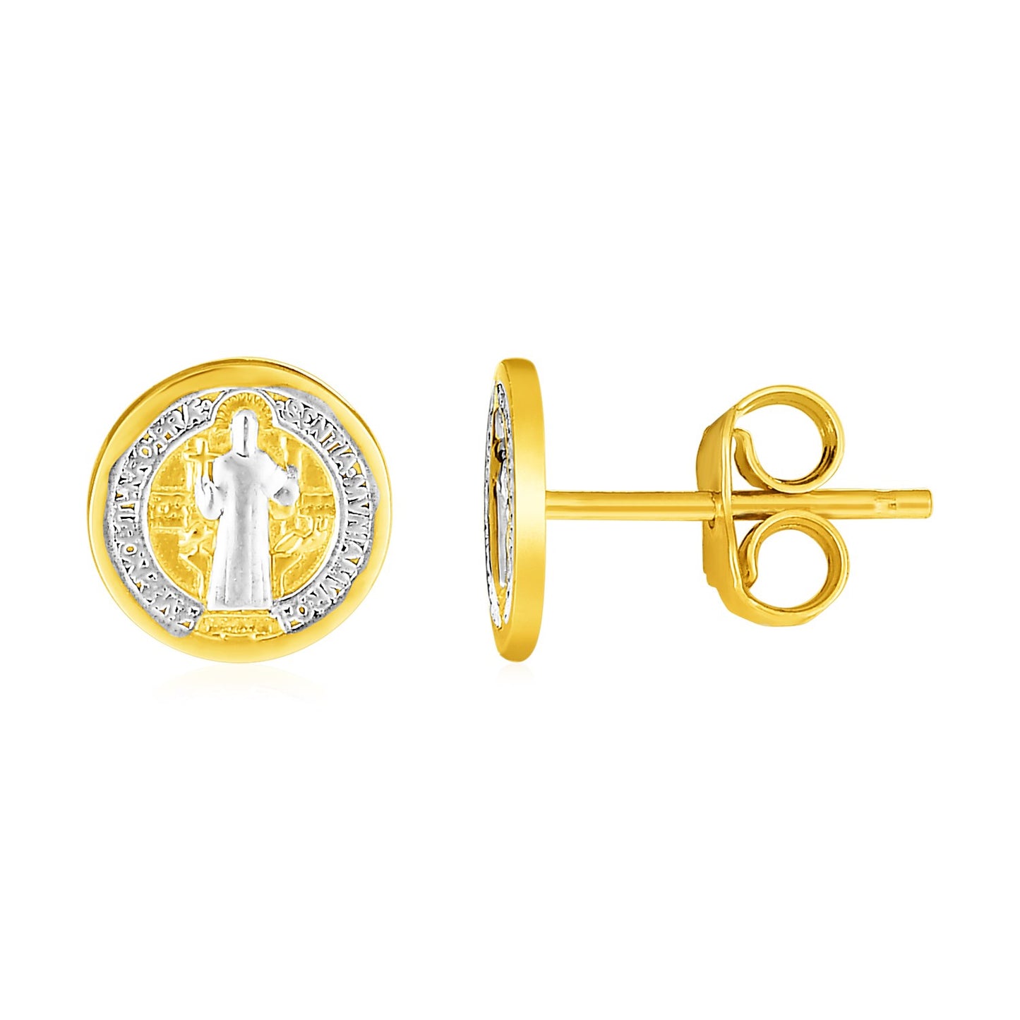 14k Two Tone Gold Round Religious Medal Post Earrings-Teresa&#39;s Fashionista LLC