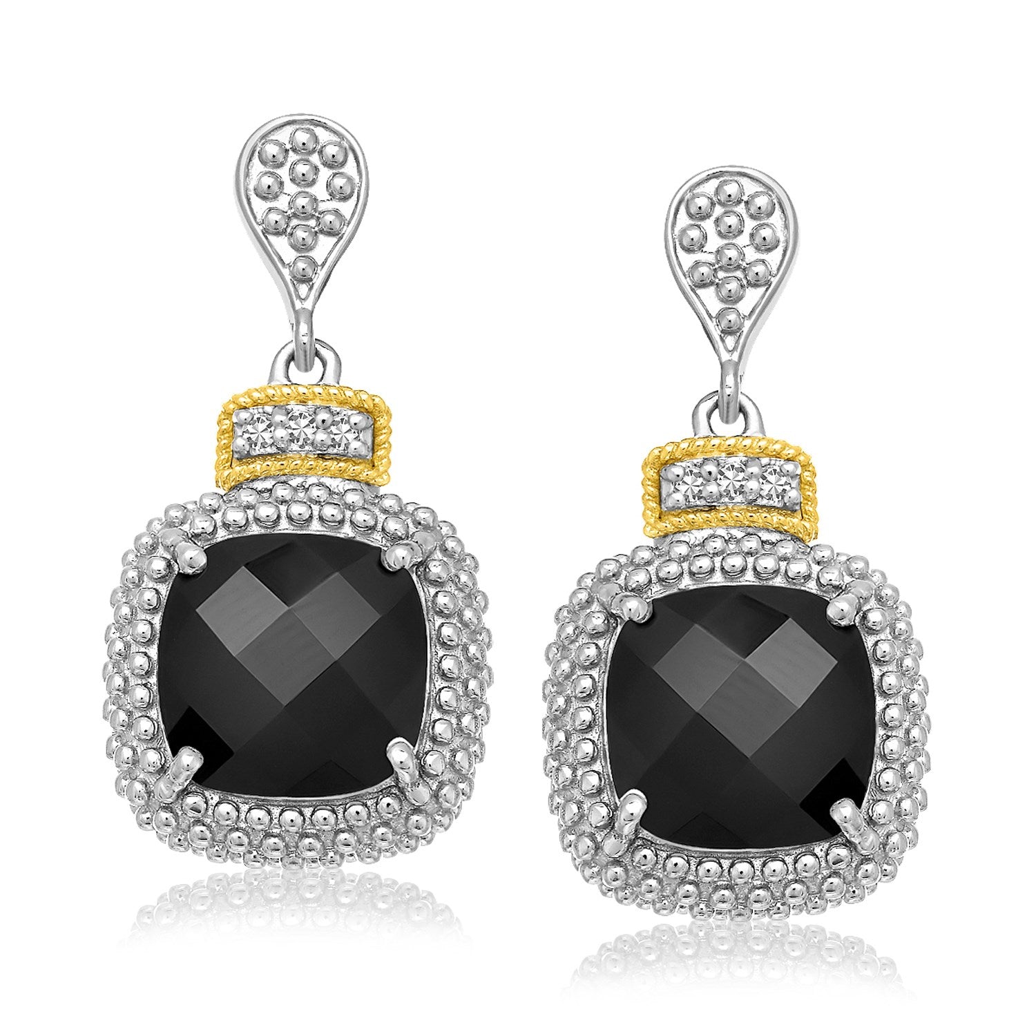 18k Yellow Gold & Sterling Silver Black Onyx & Diamond Earrings (.05cttw)-Teresa&#39;s Fashionista LLC