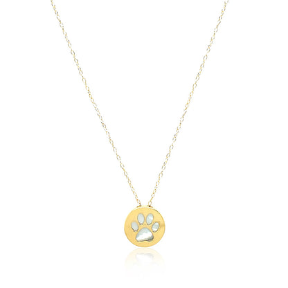 14k Yellow Gold Necklace with Dog Paw Print Symbol in Mother of Pearl-Teresa&#39;s Fashionista LLC