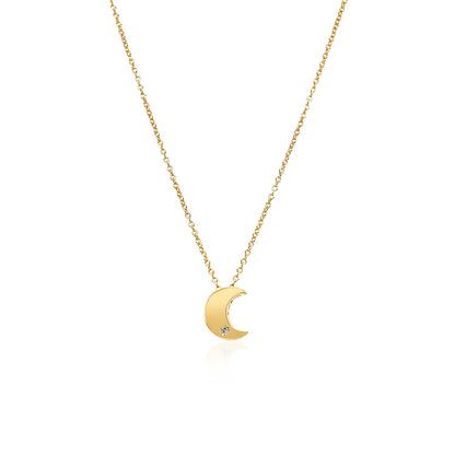 14k Yellow Gold Polished Moon Necklace with Diamond-Teresa&#39;s Fashionista LLC