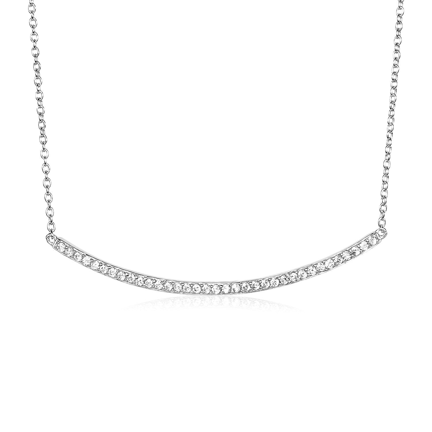 Sterling Silver Curved Bar Necklace with Cubic Zirconias-Teresa&#39;s Fashionista LLC