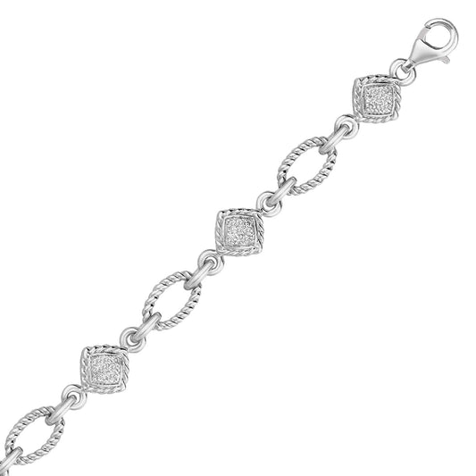 Sterling Silver Cable Oval and Square Link Bracelet with Diamonds (1/4 cttw) - Teresa's Fashionista LLC
