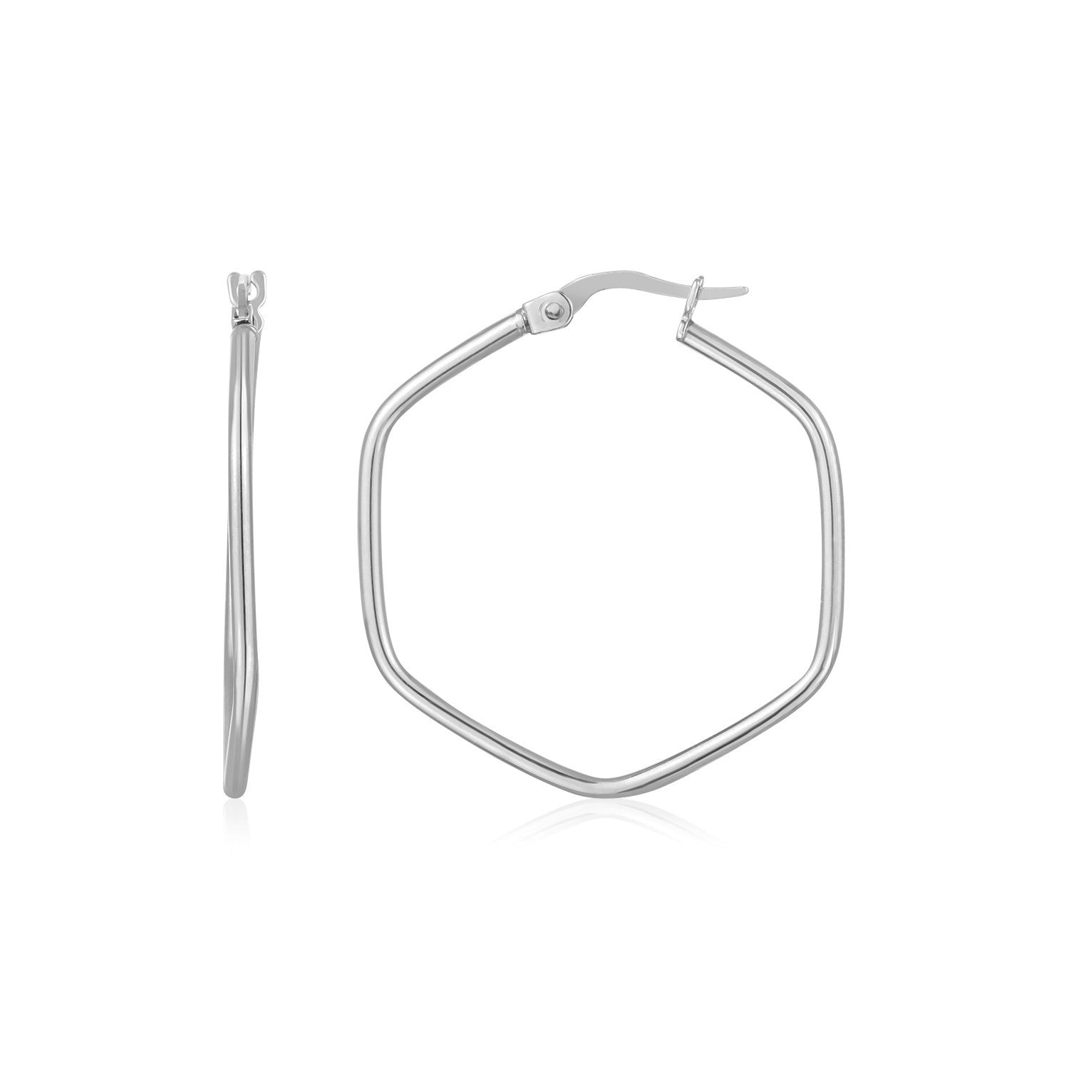 14K White Gold Hexagon Hoop Rounded Edge Earrings-Teresa&#39;s Fashionista LLC