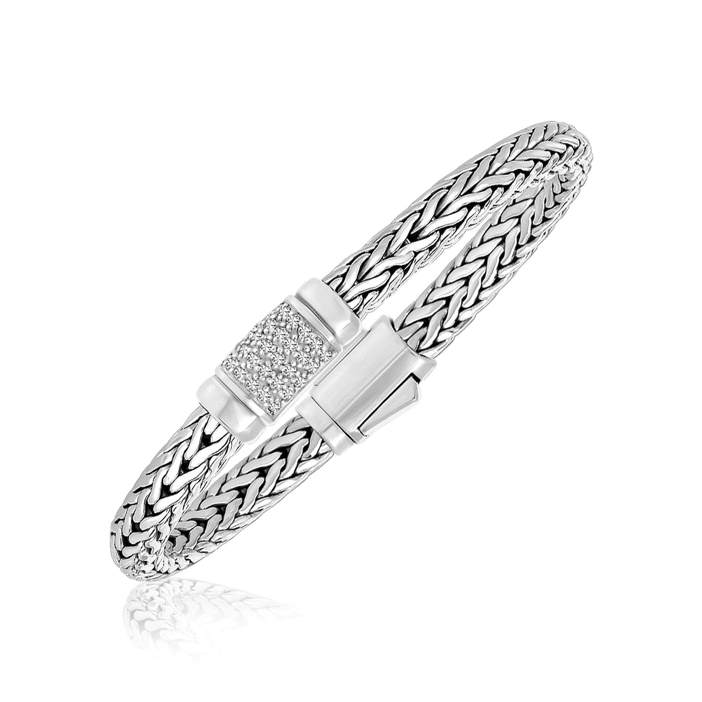 Sterling Silver Weave Motif Bracelet with White Sapphire Accents-Teresa&#39;s Fashionista LLC