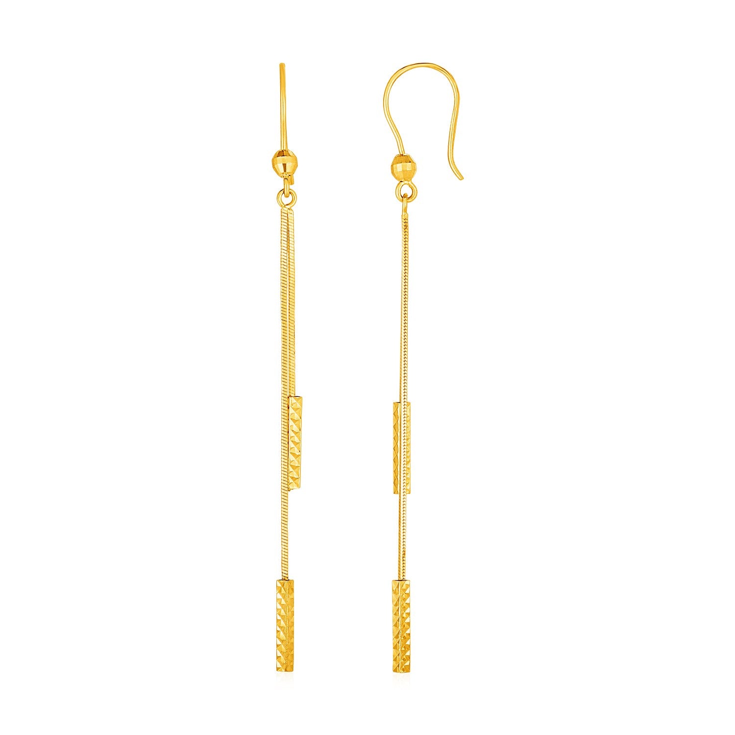 Textured Bar Long Drop Earrings in 14k Yellow Gold-Teresa&#39;s Fashionista LLC