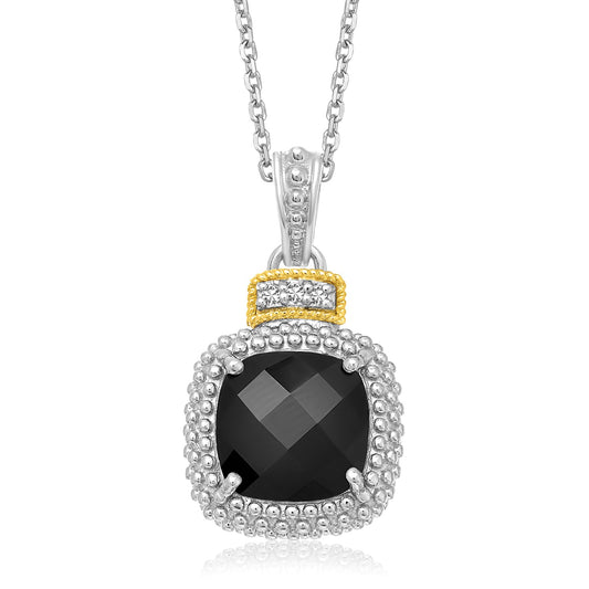 18k Yellow Gold & Sterling Silver Popcorn Cushion Black Onyx and Diamond Pendant-Teresa&#39;s Fashionista LLC